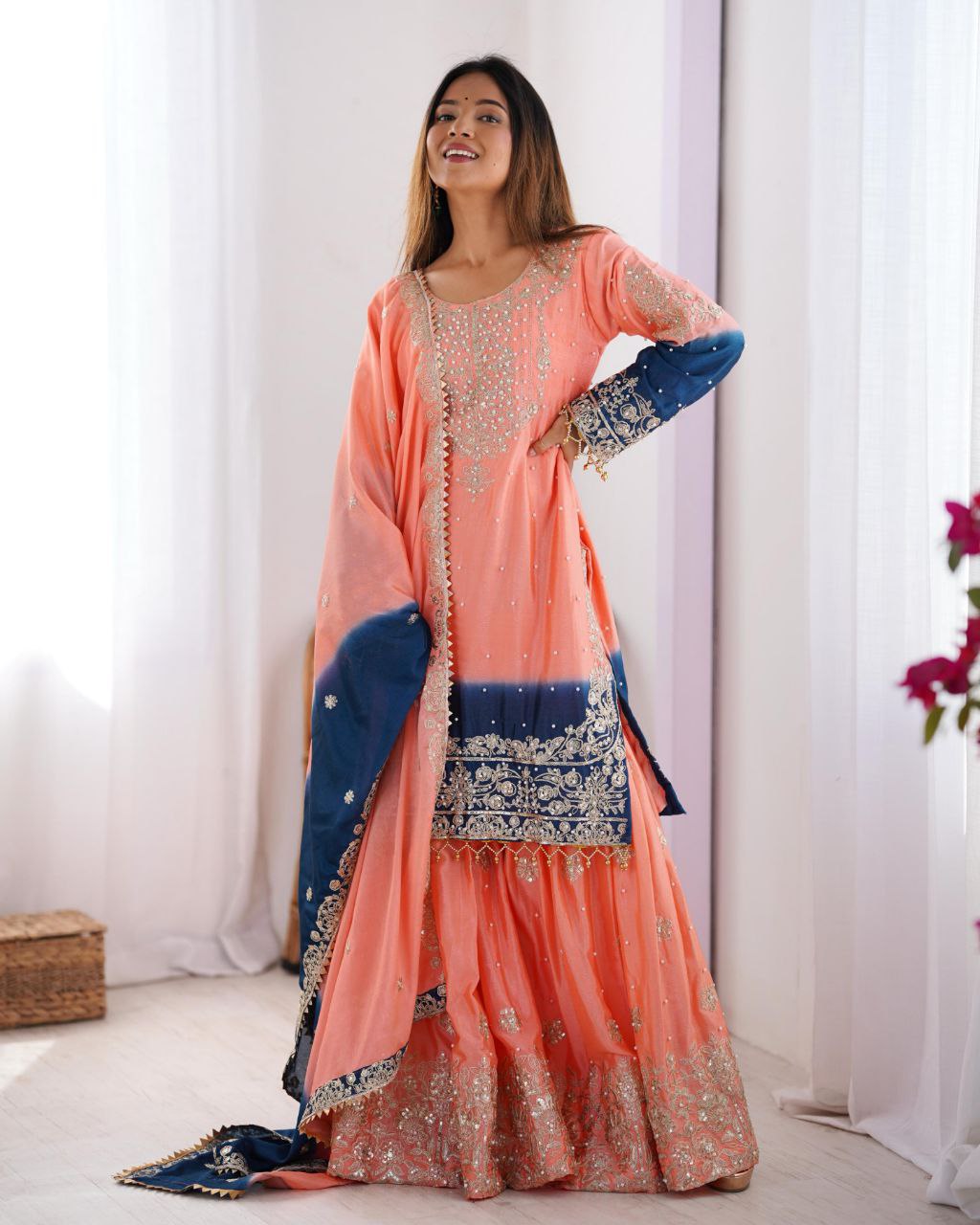 Orange Chinon Silk Embroidery Work Gharara Suit With Dupatta