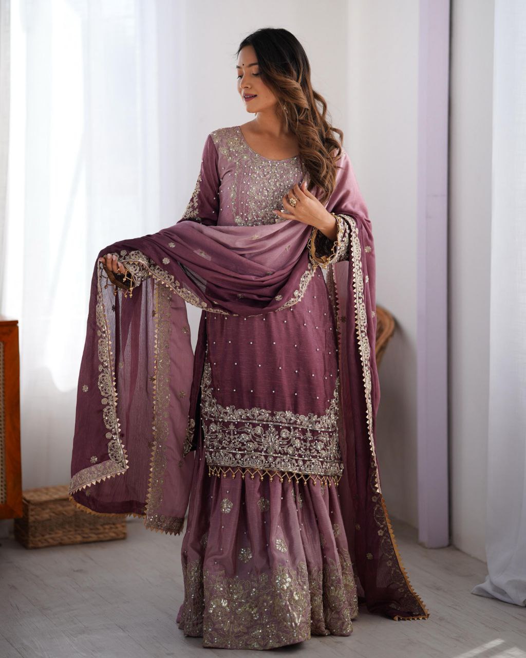 Mauve Chinon Silk Embroidry Work Gharara Suit With Dupatta