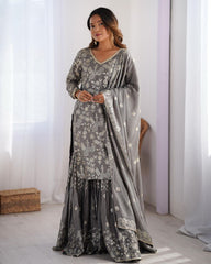 Grey & Green Chinon Silk Embroidery Work Sharara Suit With Dupatta