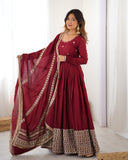 Premium Maroon Chinon Silk Thread Work Anarkali Gown With Dupatta