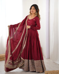 Exclusive Maroon Chinon Silk Thread Work Anarkali Gown With Dupatta