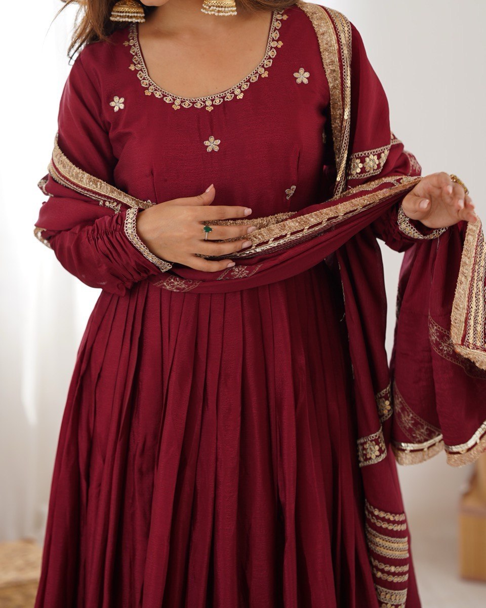 Exclusive Maroon Chinon Silk Thread Work Anarkali Gown With Dupatta