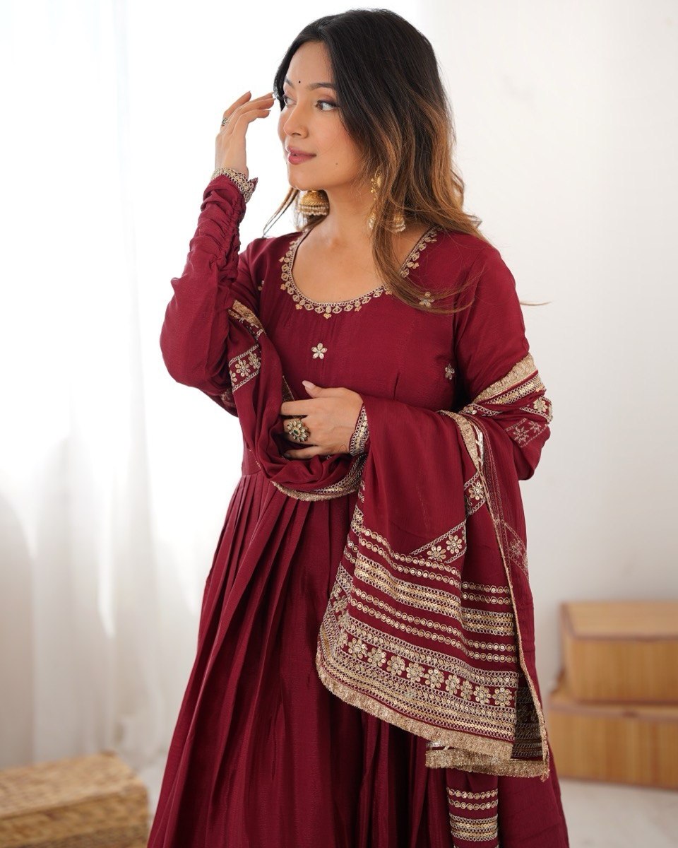 Exclusive Maroon Chinon Silk Thread Work Anarkali Gown With Dupatta