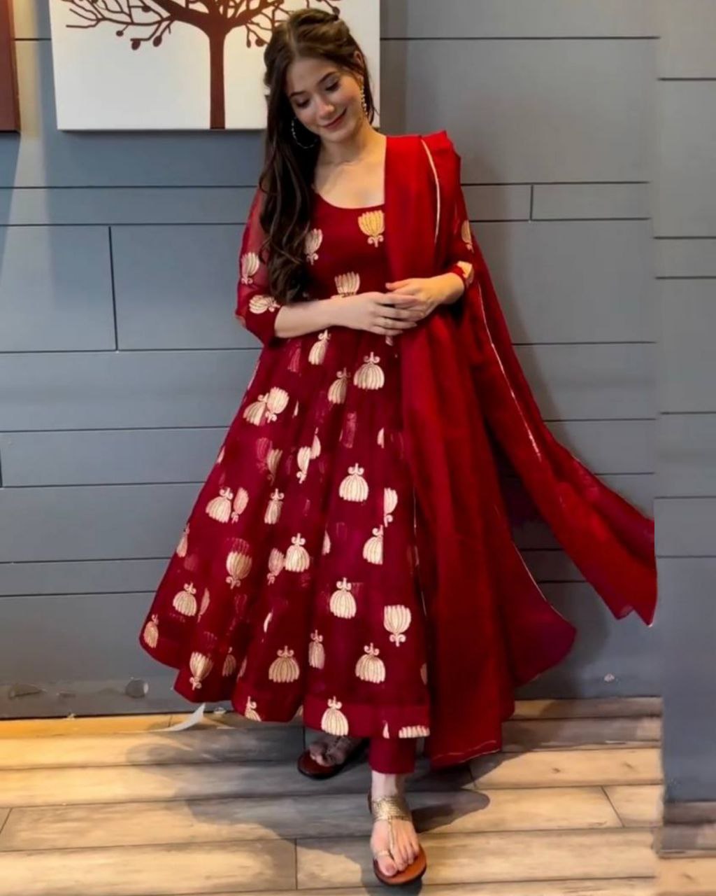 Ready To Wear Red Organza Embroidery Work Anarkali Suit With Dupatta