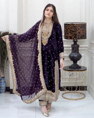 Festive Special Maroon & Purple Embroidery Work Velvet Suit With Dupatta