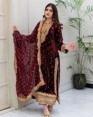 Festive Special Maroon & Purple Embroidery Work Velvet Suit With Dupatta