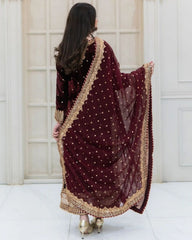 Festive Special Maroon & Purple Embroidery Work Velvet Suit With Dupatta