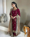 Rani And Red Soft Georgette Embroidery Work Pakistani Suit With Beige Dupatta