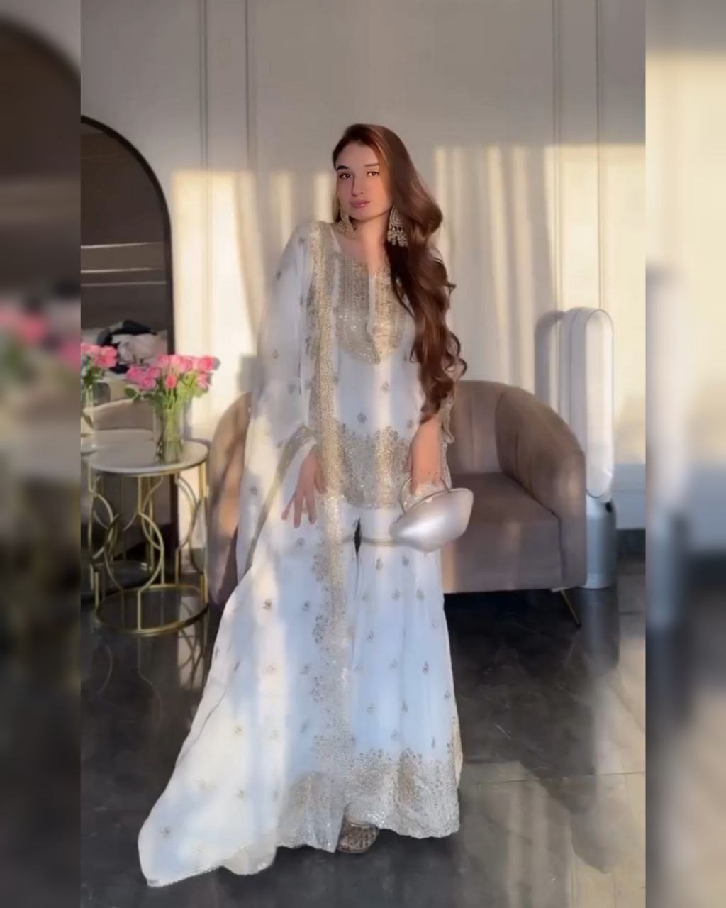 White Chinon Silk Embroidery Work Gharara Suit With Dupatta