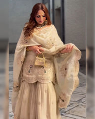 Ivory Cream Chinon Silk Embroidery Work Gharara Suit With Dupatta