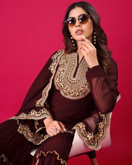 Brown Soft Georgette Embroidery Work Gharara Suit With Dupatta