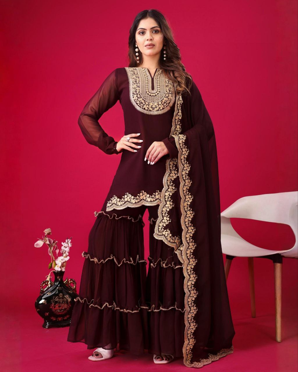 Brown Soft Georgette Embroidery Work Gharara Suit With Dupatta