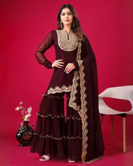 Brown Soft Georgette Embroidery Work Gharara Suit With Dupatta