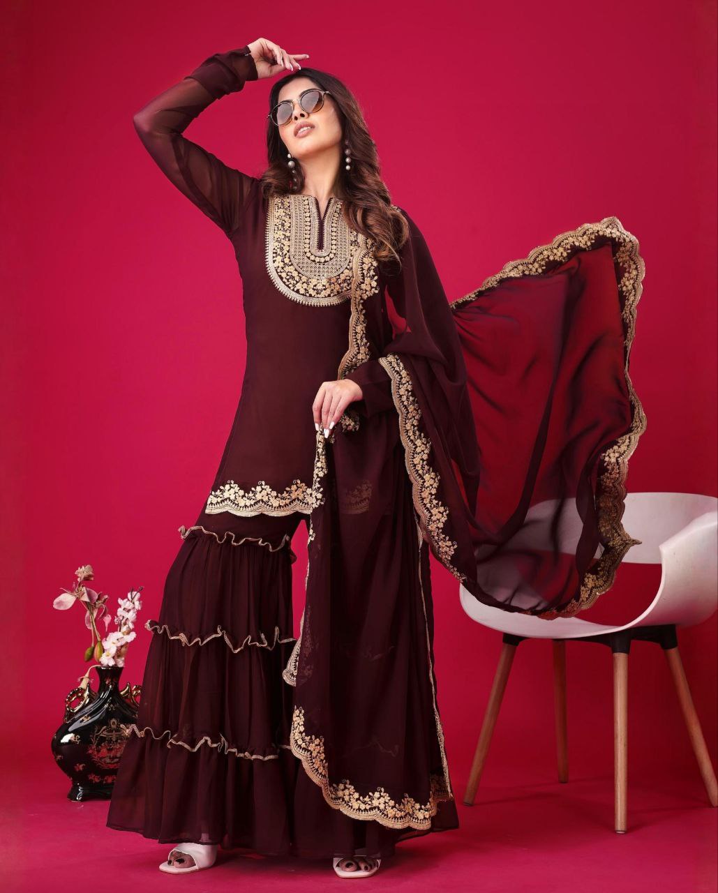 Brown Soft Georgette Embroidery Work Gharara Suit With Dupatta