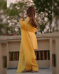 White & Yellow Soft Georgette Thread Work Farshi Suit With Dupatta
