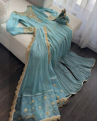 Sky Soft Georgette Embroidery Work Palazzo Pakistani Suit With Dupatta