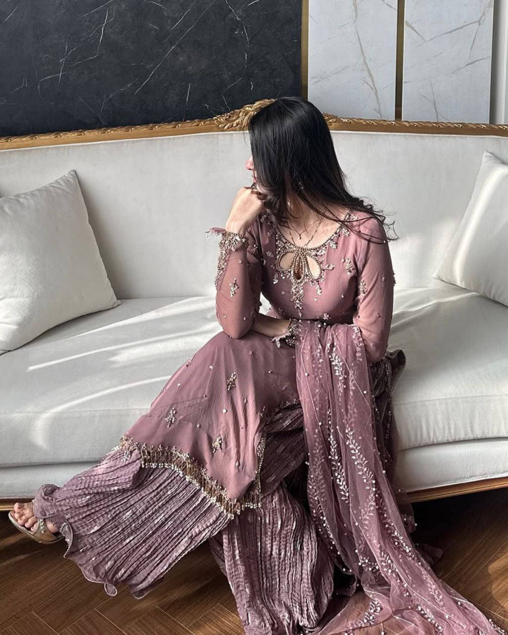 Mauve Soft Georgette Sequence Work Palazo Suit With Dupatta