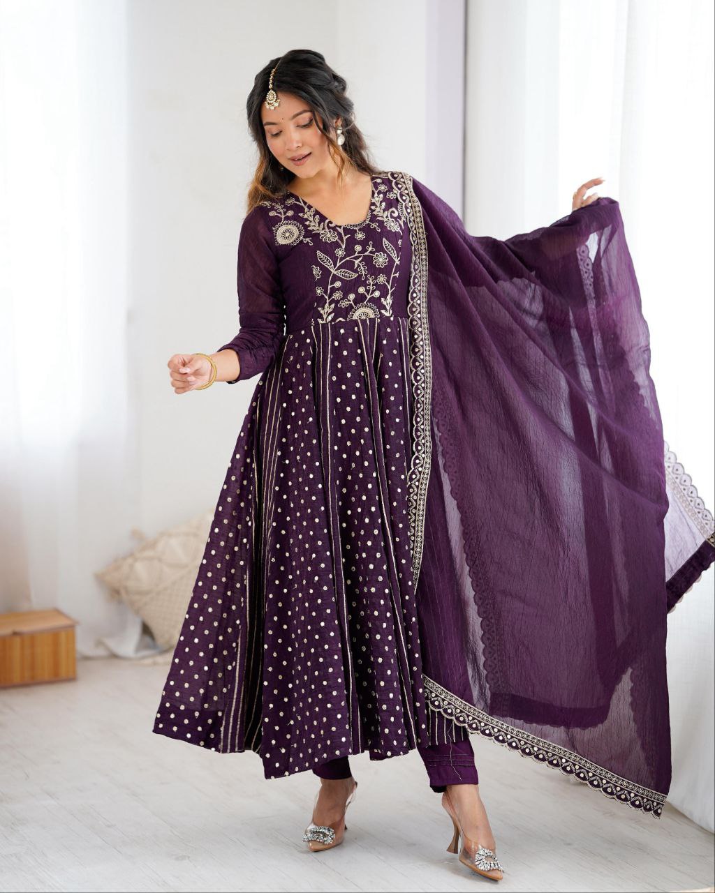 Designer Purple Silk Embroidery Work Anarkali Suit With Dupatta