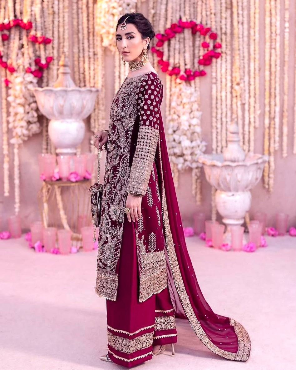 Ready To Wear Red & Rani Pink Silk Embroidery Work Pakistani Suit With Dupatta