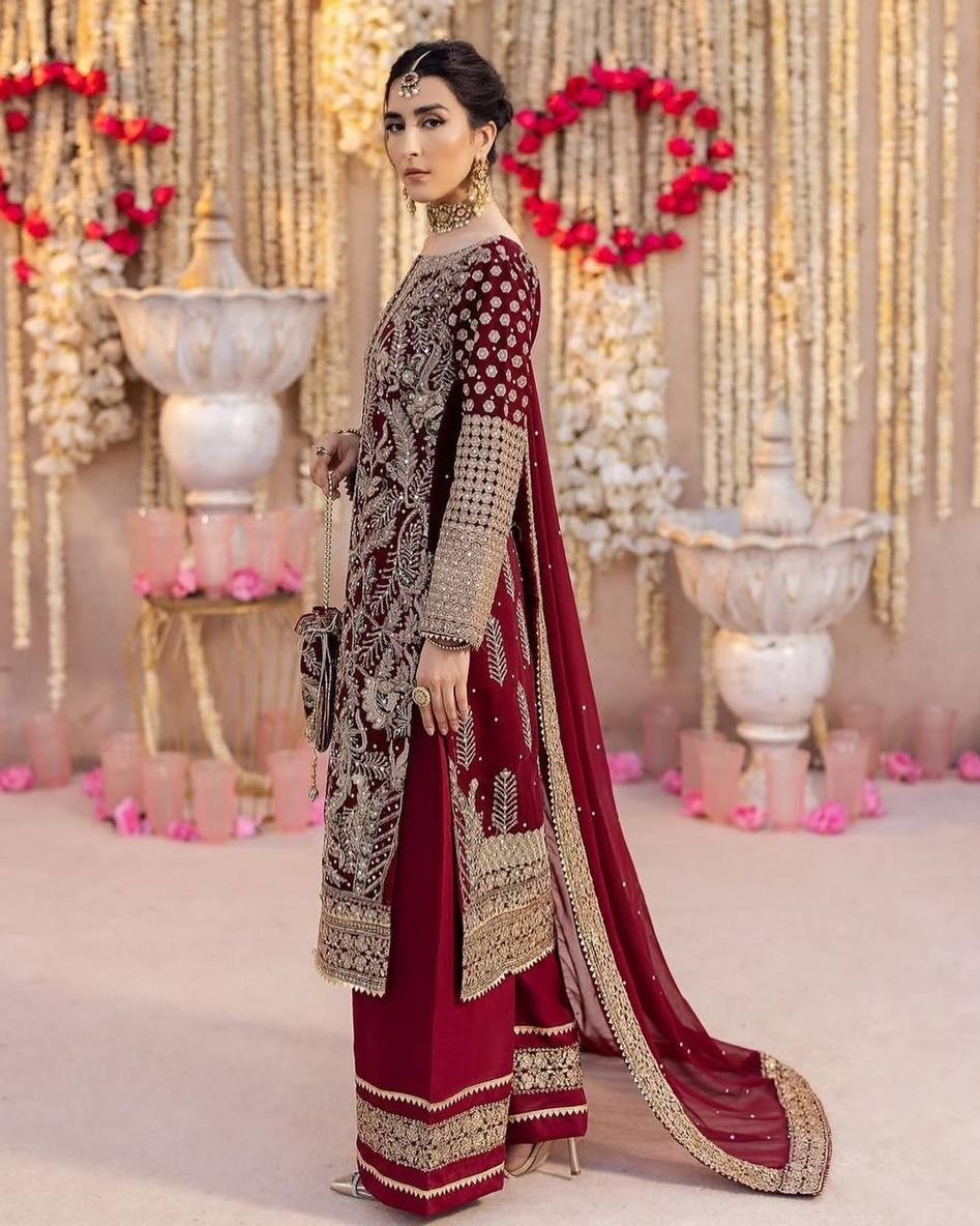Ready To Wear Red & Rani Pink Silk Embroidery Work Pakistani Suit With Dupatta