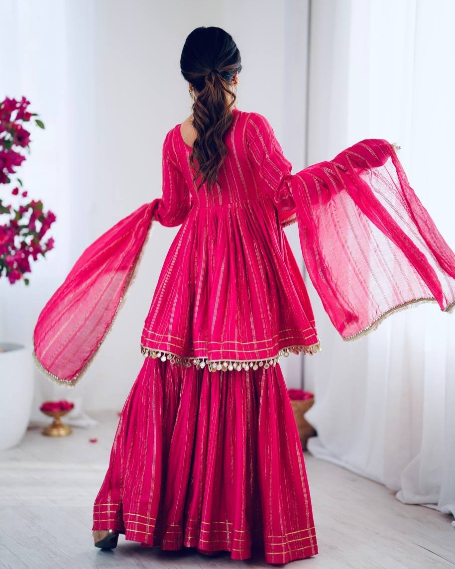 Ready To Wear White & Pink Chanderi Silk Hand Work Gharara Suit With Dupatta