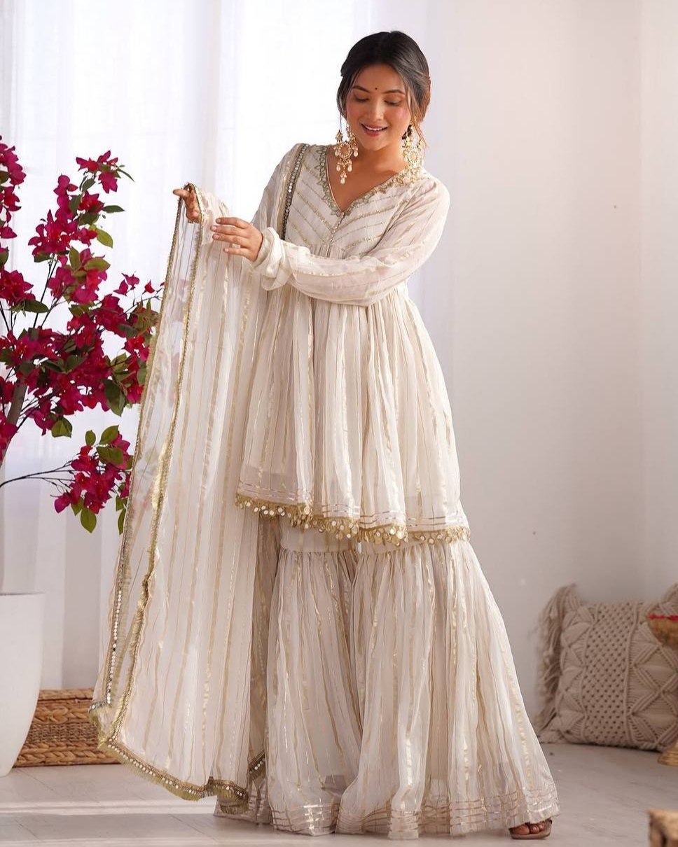 Ready To Wear White & Pink Chanderi Silk Hand Work Gharara Suit With Dupatta