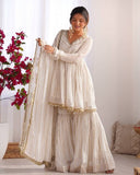 Ready To Wear White & Pink Chanderi Silk Hand Work Gharara Suit With Dupatta