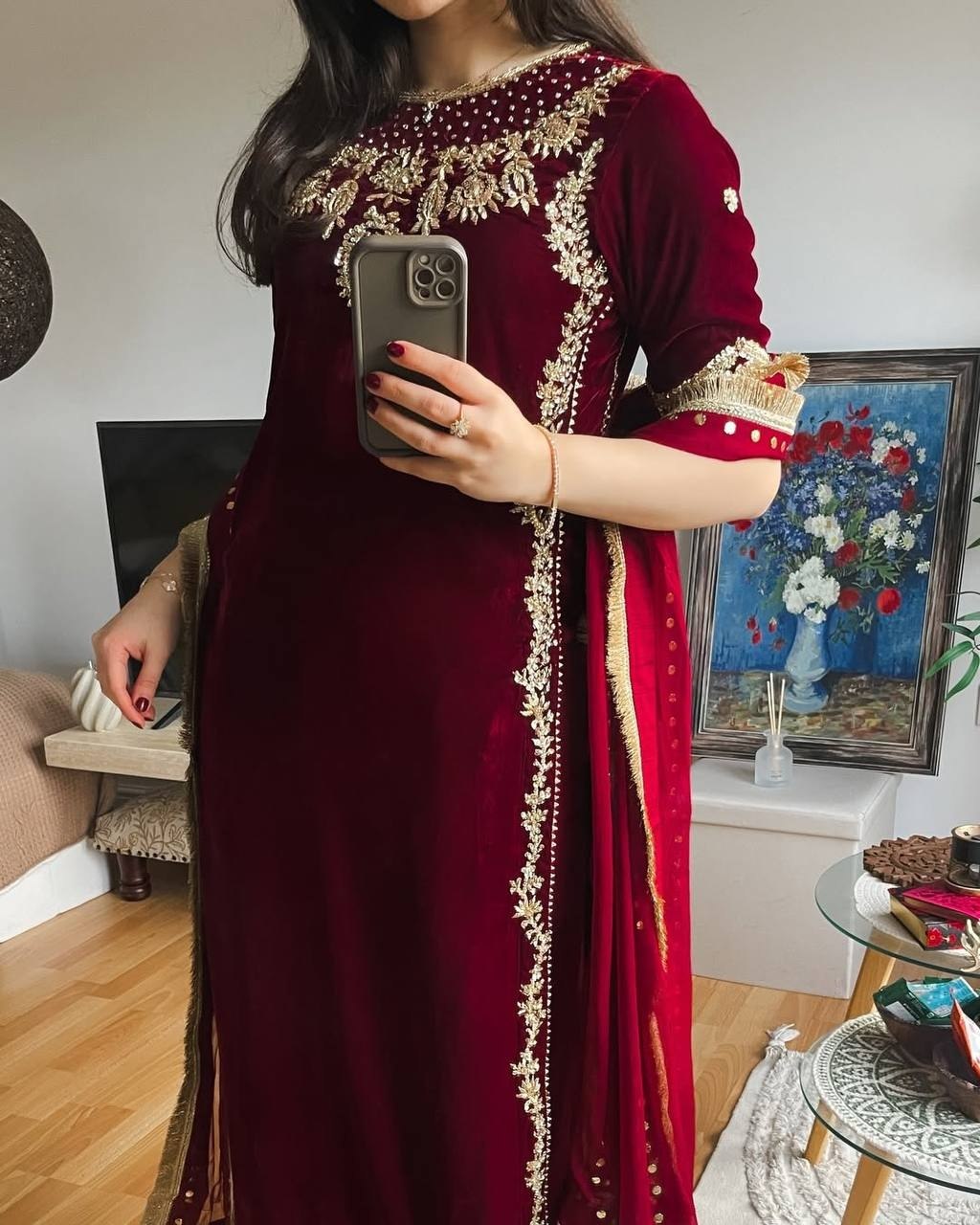 Exclusive Maroon Velvet Embroidered Pakistani Suit With Dupatta