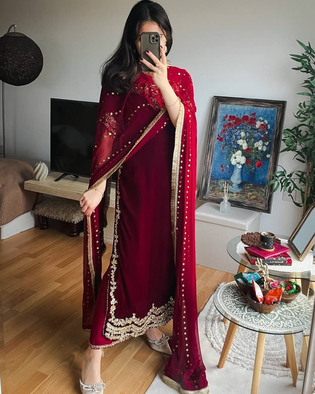 Exclusive Maroon Velvet Embroidered Pakistani Suit With Dupatta