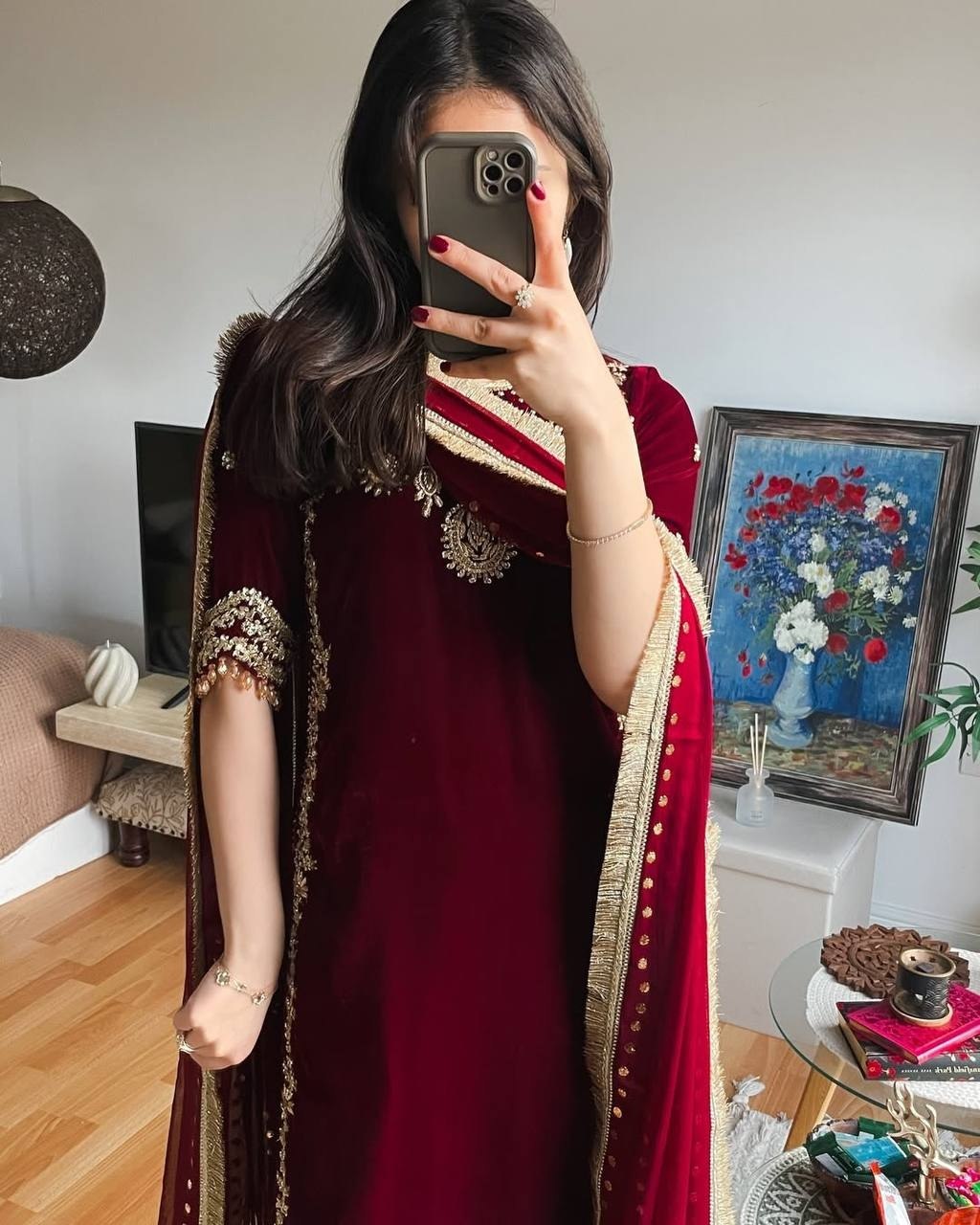 Exclusive Maroon Velvet Embroidered Pakistani Suit With Dupatta