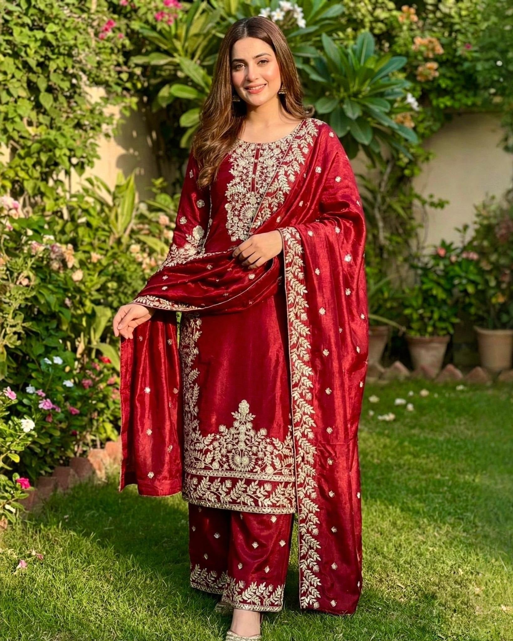 Exclusive Maroon Silk Embroidered Pant Suit With Dupatta