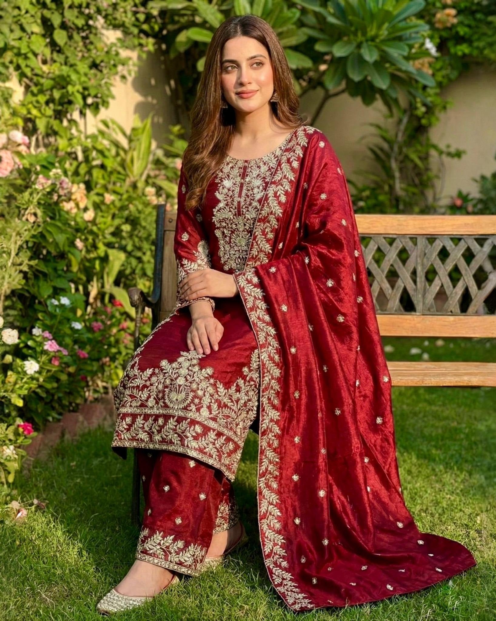 Exclusive Maroon Silk Embroidered Pant Suit With Dupatta