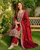 Exclusive Maroon Silk Embroidered Pant Suit With Dupatta