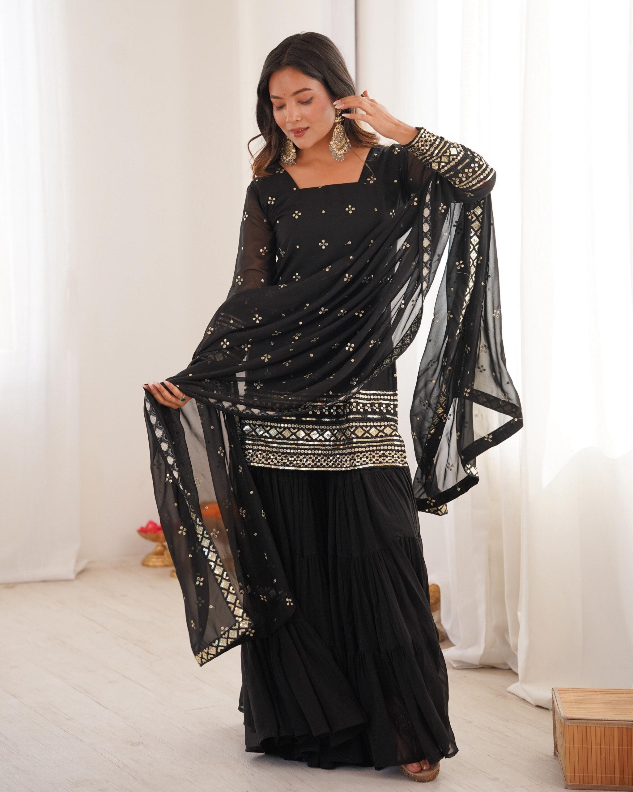 Exclusive Black Georgette Embroidered Gharara Suit With Dupatta