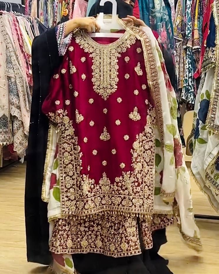 Exclusive Maroon Silk Embroidered Palazo Suit With Dupatta
