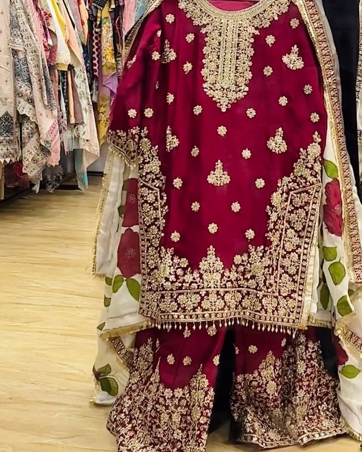 Exclusive Maroon Silk Embroidered Palazo Suit With Dupatta