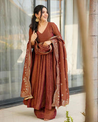 Lavender & Brown Frandy Silk Embroidery Work Anarkali Suit With Dupatta