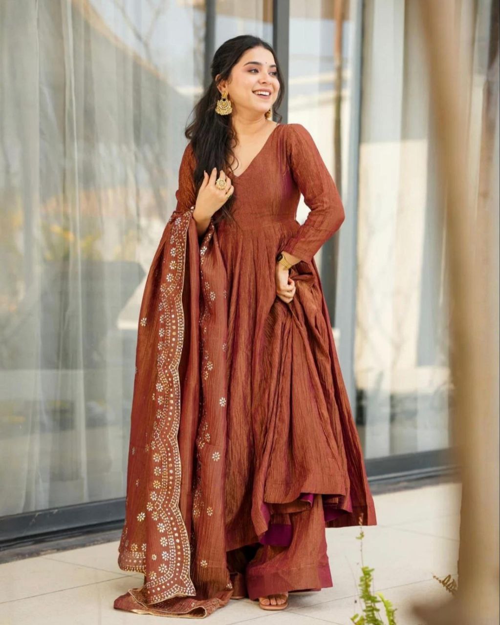 Lavender & Brown Frandy Silk Embroidery Work Anarkali Suit With Dupatta