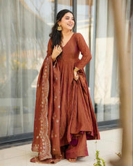 Lavender & Brown Frandy Silk Embroidery Work Anarkali Suit With Dupatta