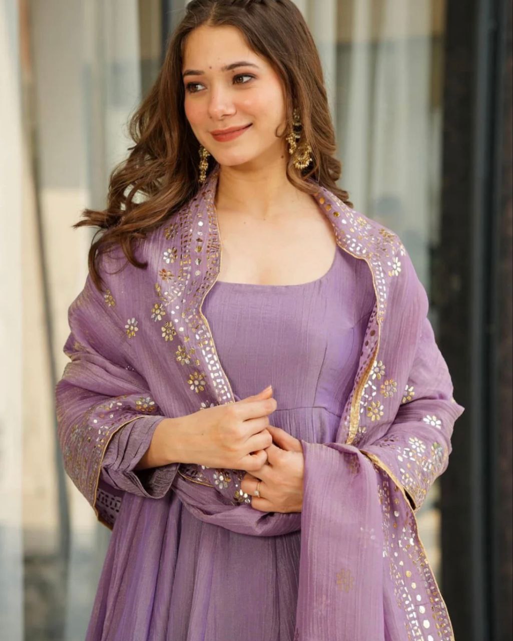 Lavender & Brown Frandy Silk Embroidery Work Anarkali Suit With Dupatta