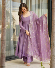 Lavender & Brown Frandy Silk Embroidery Work Anarkali Suit With Dupatta