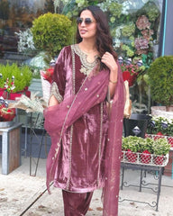 Exclusive Dusty Pink Velvet Embroidery Work Pant Suit With Dupatta