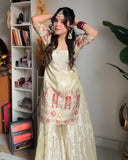 Cream Chinon Silk Embroidery Work Palazzo Suit With Dupatta