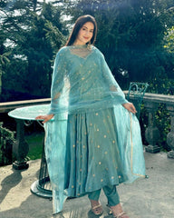 Designer Aqua Silk Embroidery Work Anarkali Suit With Dupatta