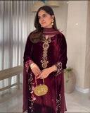 Exclusive Maroon Velvet Sequence Work Pant Suit With Dupatta