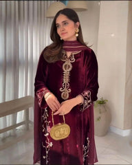 Exclusive Maroon Velvet Sequence Work Pant Suit With Dupatta