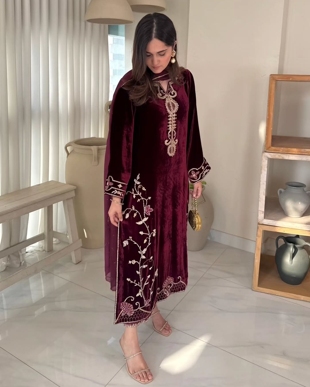 Exclusive Maroon Velvet Sequence Work Pant Suit With Dupatta