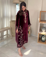 Exclusive Maroon Velvet Sequence Work Pant Suit With Dupatta