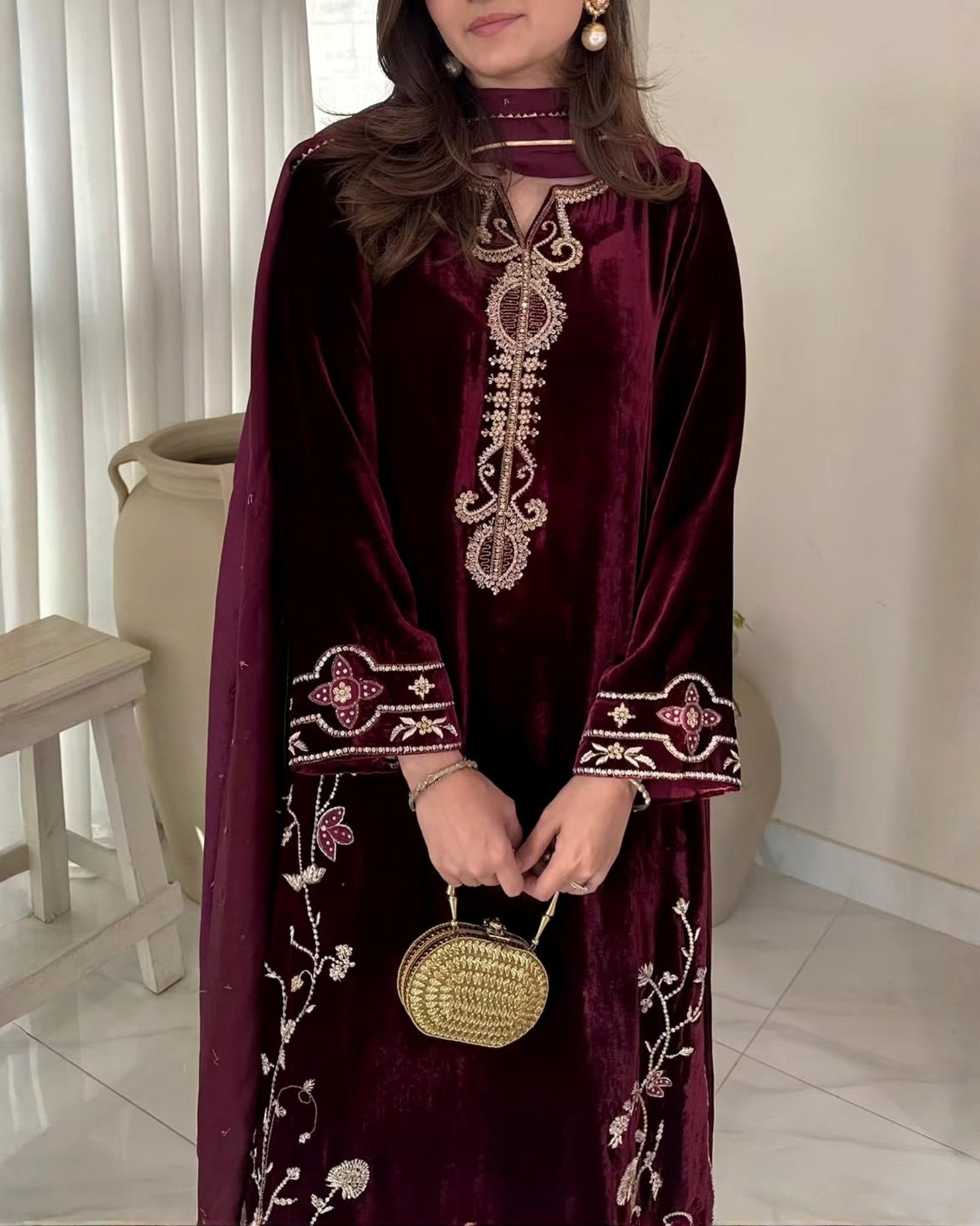 Exclusive Maroon Velvet Sequence Work Pant Suit With Dupatta