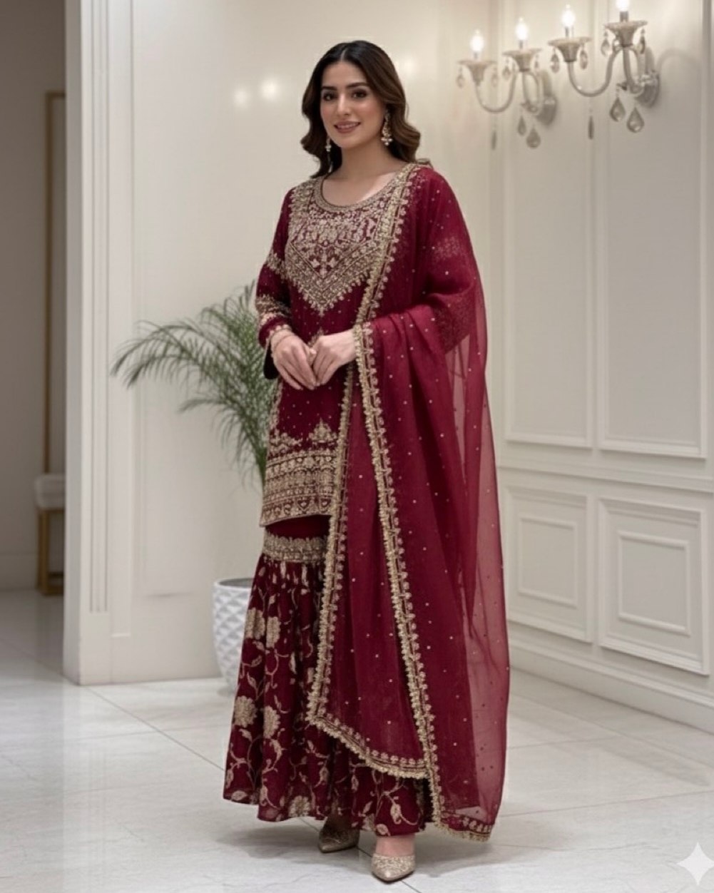 Exclusive Maroon Georgette Embroidered Gharara Suit With Dupatta